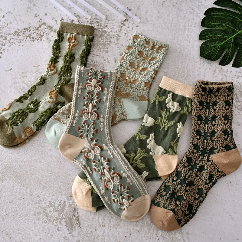 5 par blommiga bomullsstrumpor för kvinnor