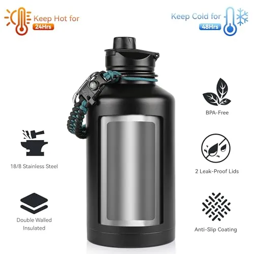 64 oz Insulated Water Bottle with Straw & Spout Lids, Stainless Steel Metal Half Gallon Water Jug with Paracord Handle, Double Wall Vacuum, Leakproof, Keep Drinks Cold & Hot, Black