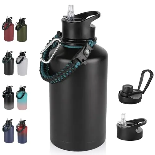 64 oz Insulated Water Bottle with Straw & Spout Lids, Stainless Steel Metal Half Gallon Water Jug with Paracord Handle, Double Wall Vacuum, Leakproof, Keep Drinks Cold & Hot, Black