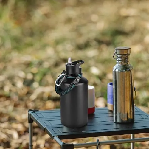 64 oz Insulated Water Bottle with Straw & Spout Lids, Stainless Steel Metal Half Gallon Water Jug with Paracord Handle, Double Wall Vacuum, Leakproof, Keep Drinks Cold & Hot, Black