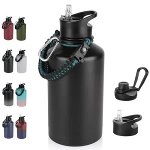 64 oz Insulated Water Bottle with Straw & Spout Lids, Stainless Steel Metal Half Gallon Water Jug with Paracord Handle, Double Wall Vacuum, Leakproof, Keep Drinks Cold & Hot, Black