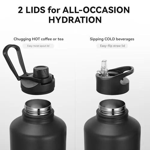 64 oz Insulated Water Bottle with Straw & Spout Lids, Stainless Steel Metal Half Gallon Water Jug with Paracord Handle, Double Wall Vacuum, Leakproof, Keep Drinks Cold & Hot, Black