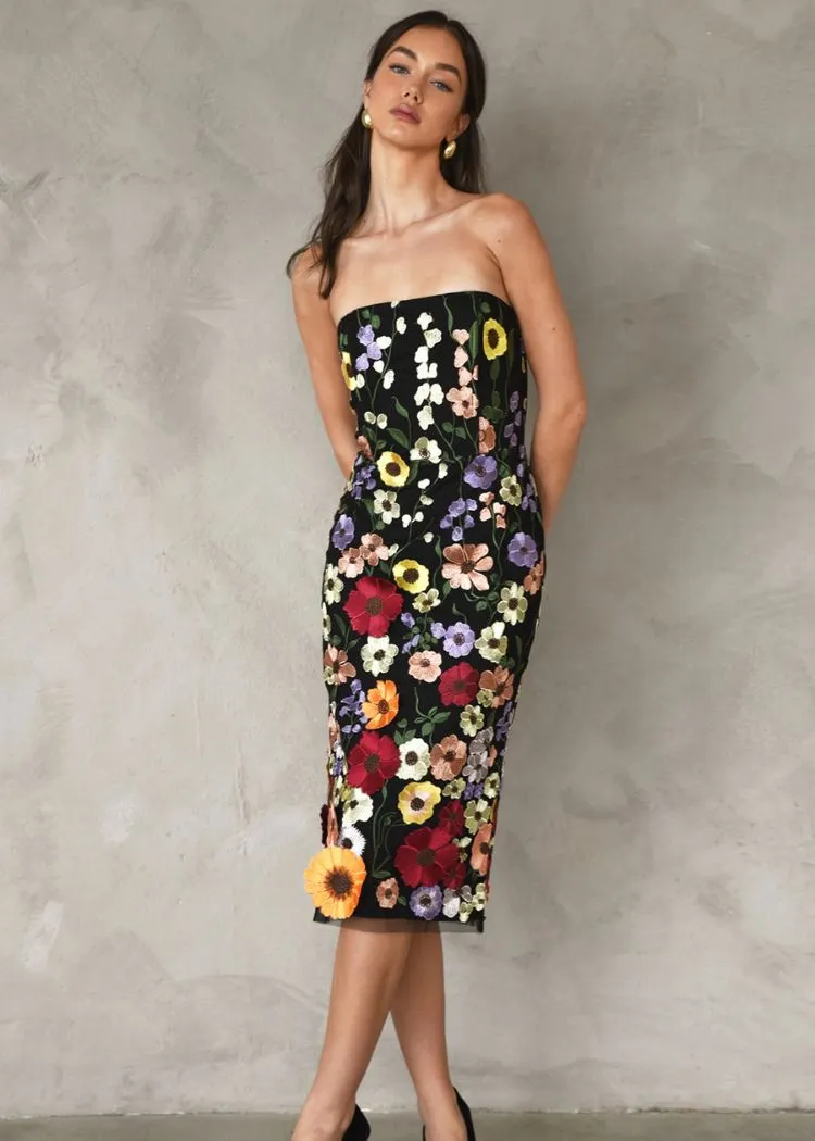 Adelyn Rae Beth 3D Floral Midi Dress- Black Multi