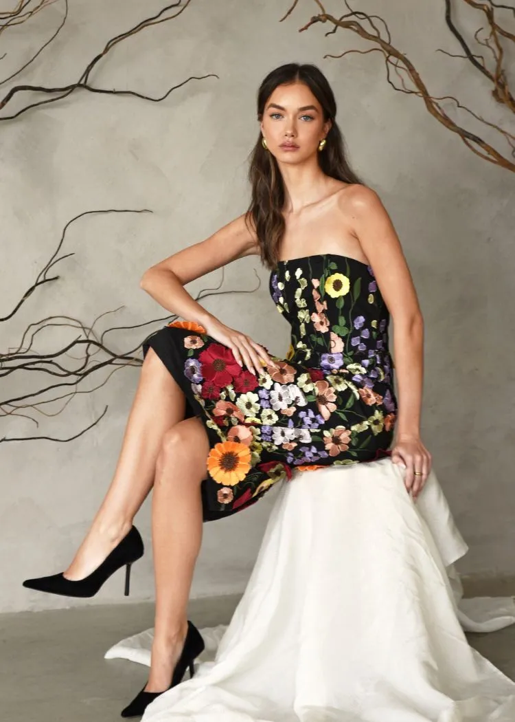 Adelyn Rae Beth 3D Floral Midi Dress- Black Multi