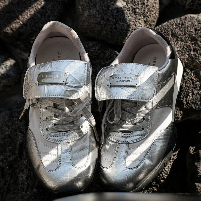 BeauToday Metallic Neutral Sneakers Tennis Trainers Flats for Women