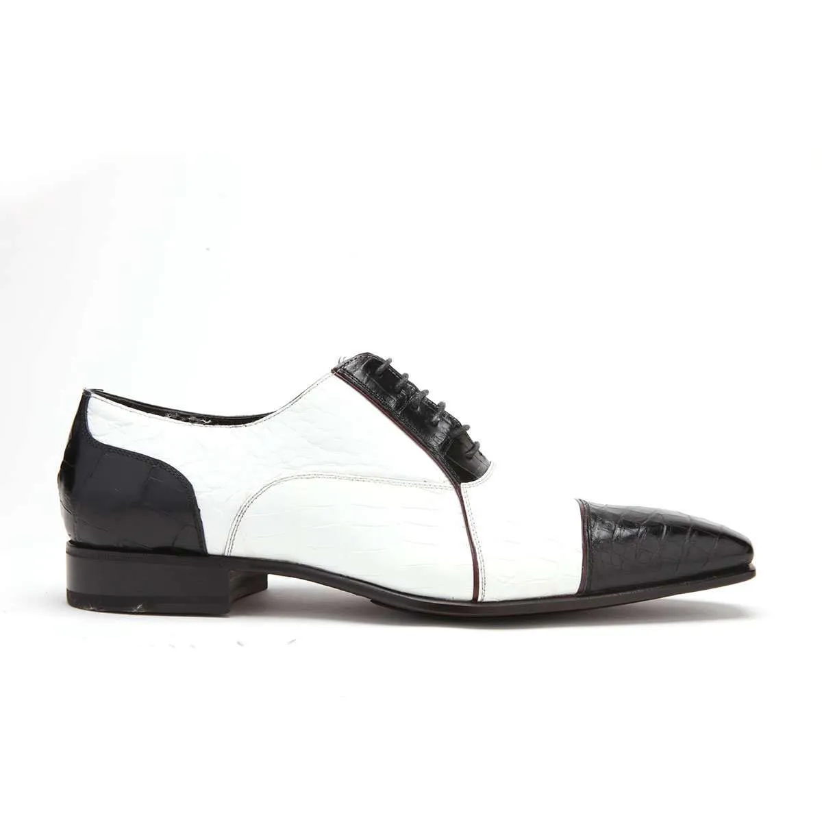 Caporicci 201 Men's Luxury Italian Designer Shoes Black & White Baby Alligator Cap-ToeOxfords (CAP1000)