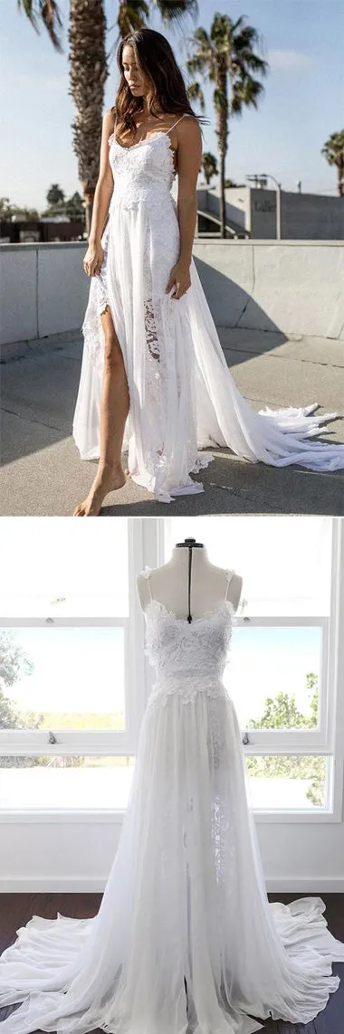 Charming White Chiffon Lace A-line Spaghetti Strap Beach Wedding Dress, SW162