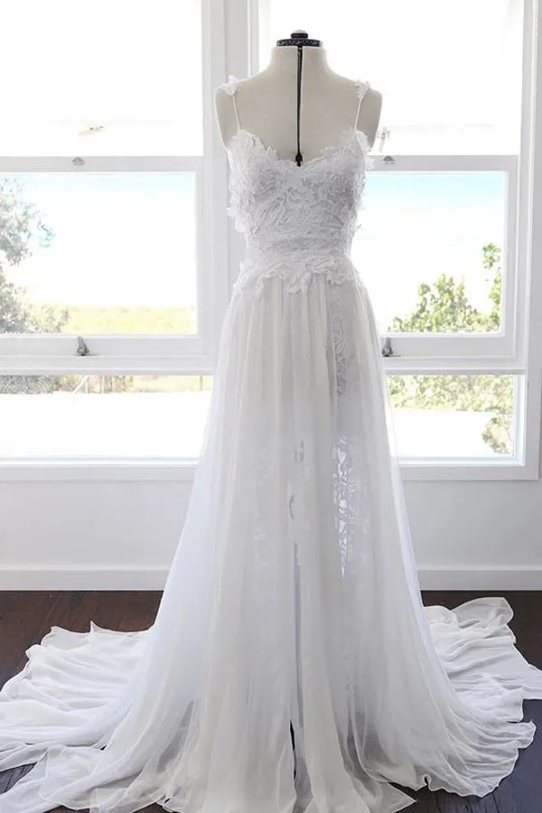 Charming White Chiffon Lace A-line Spaghetti Strap Beach Wedding Dress, SW162