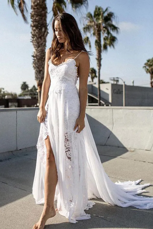Charming White Chiffon Lace A-line Spaghetti Strap Beach Wedding Dress, SW162