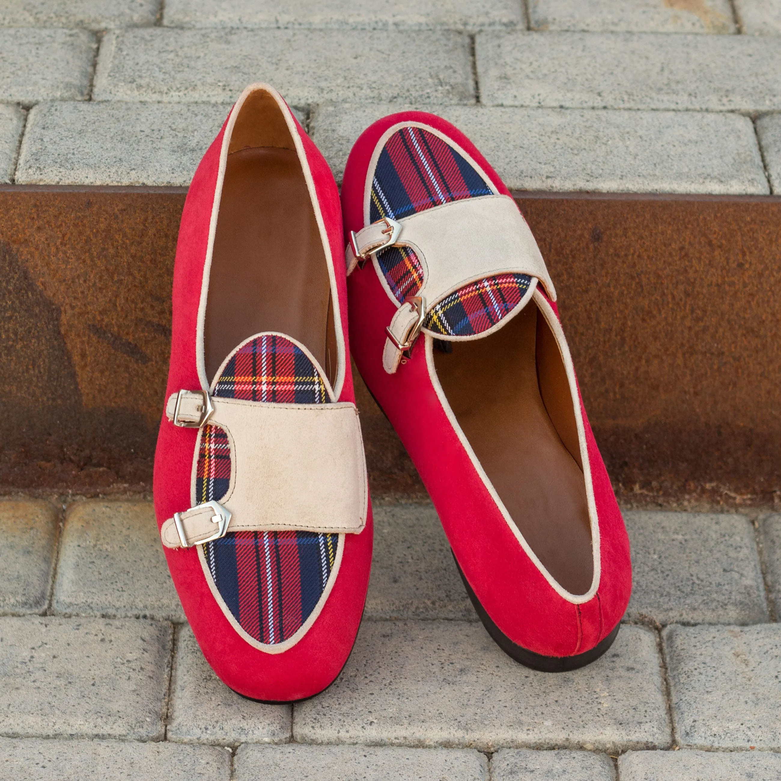 DapperFam Rialto in Ivory / Red / Tartan Men's Suede & Sartorial & Italian Suede Monk Slipper