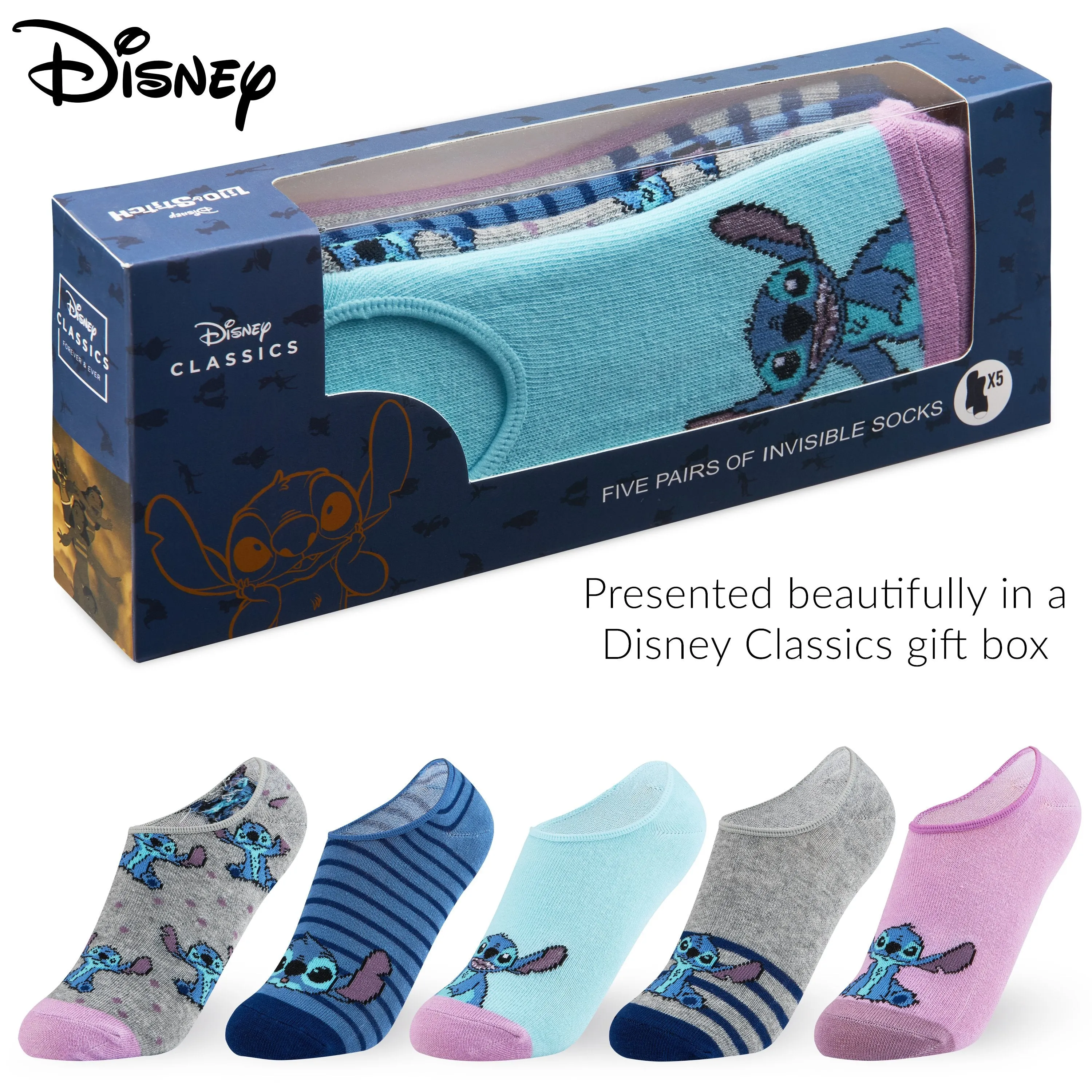 Disney Invisible Socks, Trainer Socks, 5 x No Show Socks, Stitch Disney Gifts