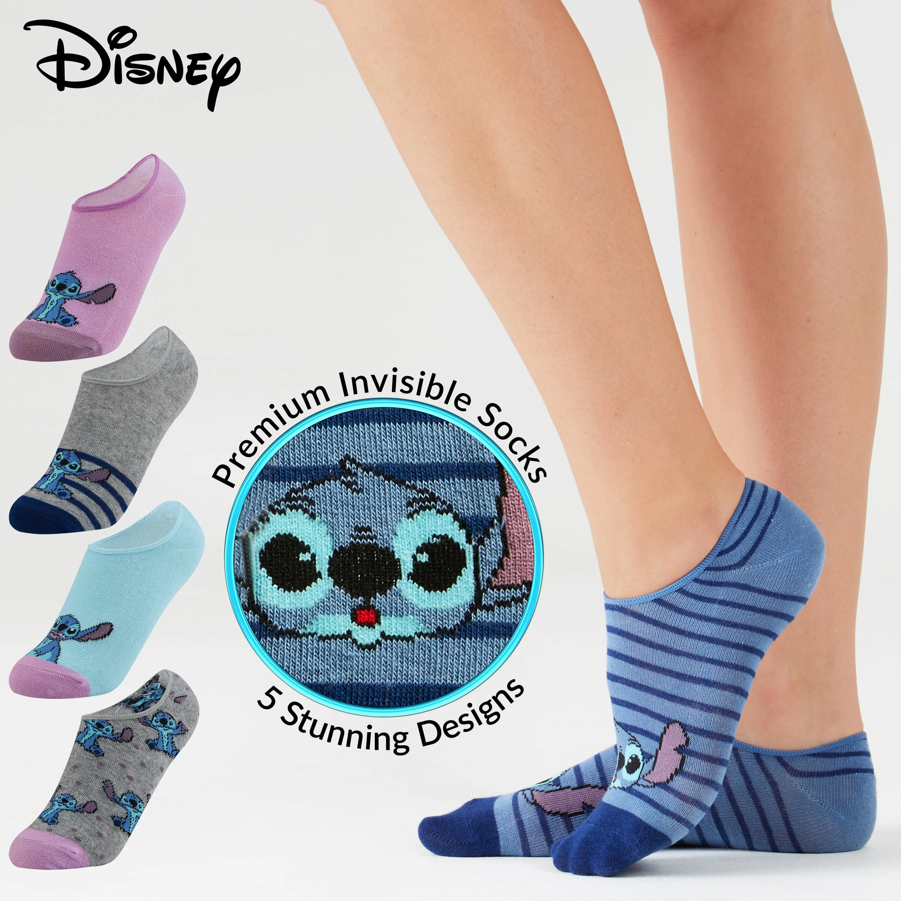 Disney Invisible Socks, Trainer Socks, 5 x No Show Socks, Stitch Disney Gifts