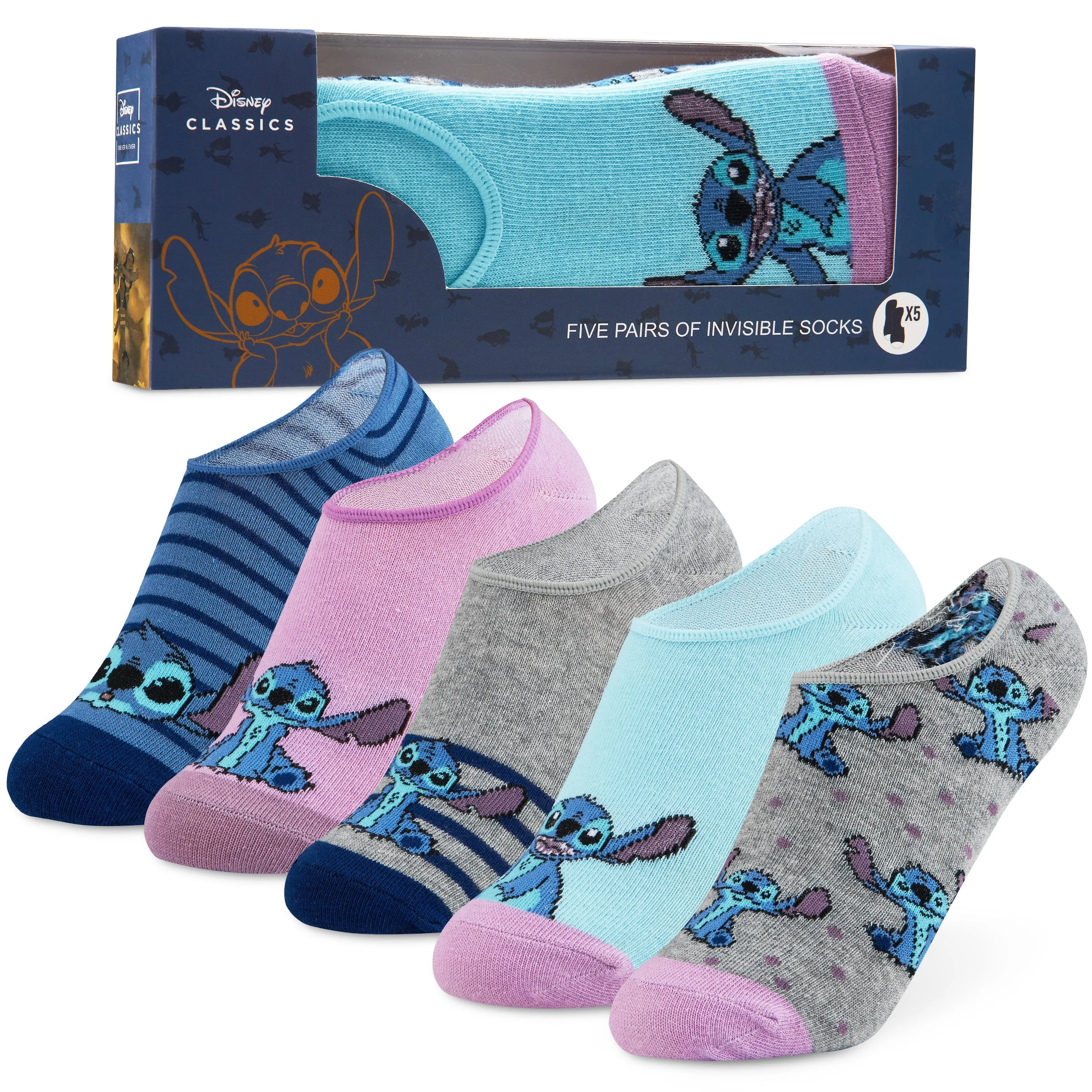 Disney Invisible Socks, Trainer Socks, 5 x No Show Socks, Stitch Disney Gifts