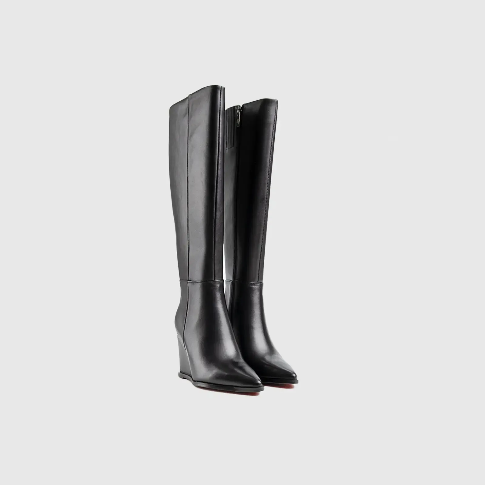 Leather Long Wedge Boots Black Lar005