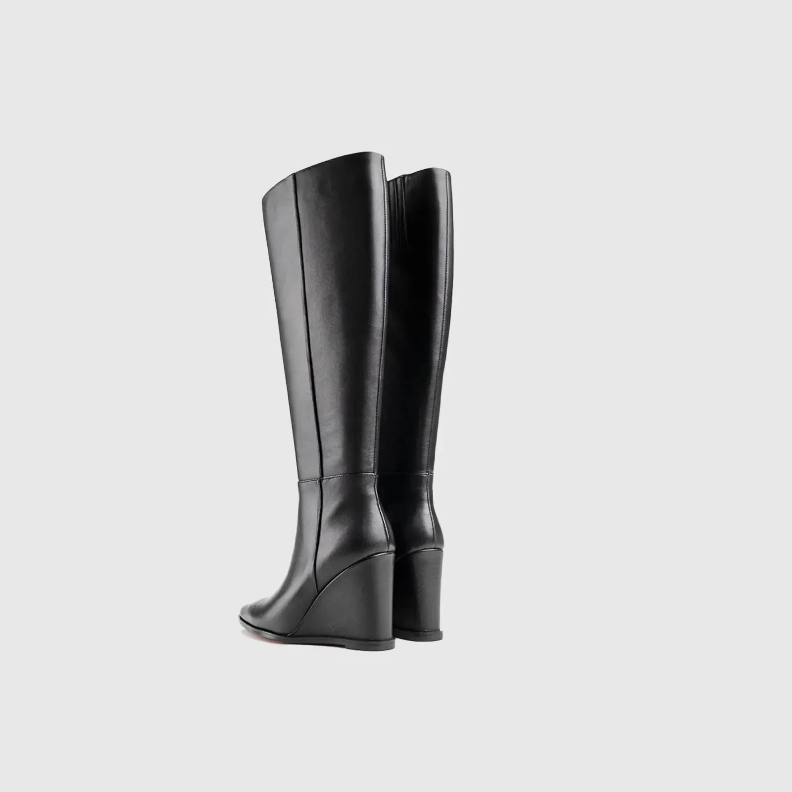 Leather Long Wedge Boots Black Lar005