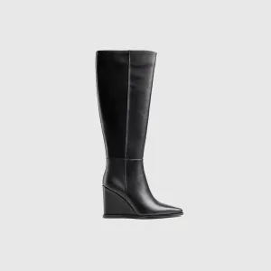 Leather Long Wedge Boots Black Lar005