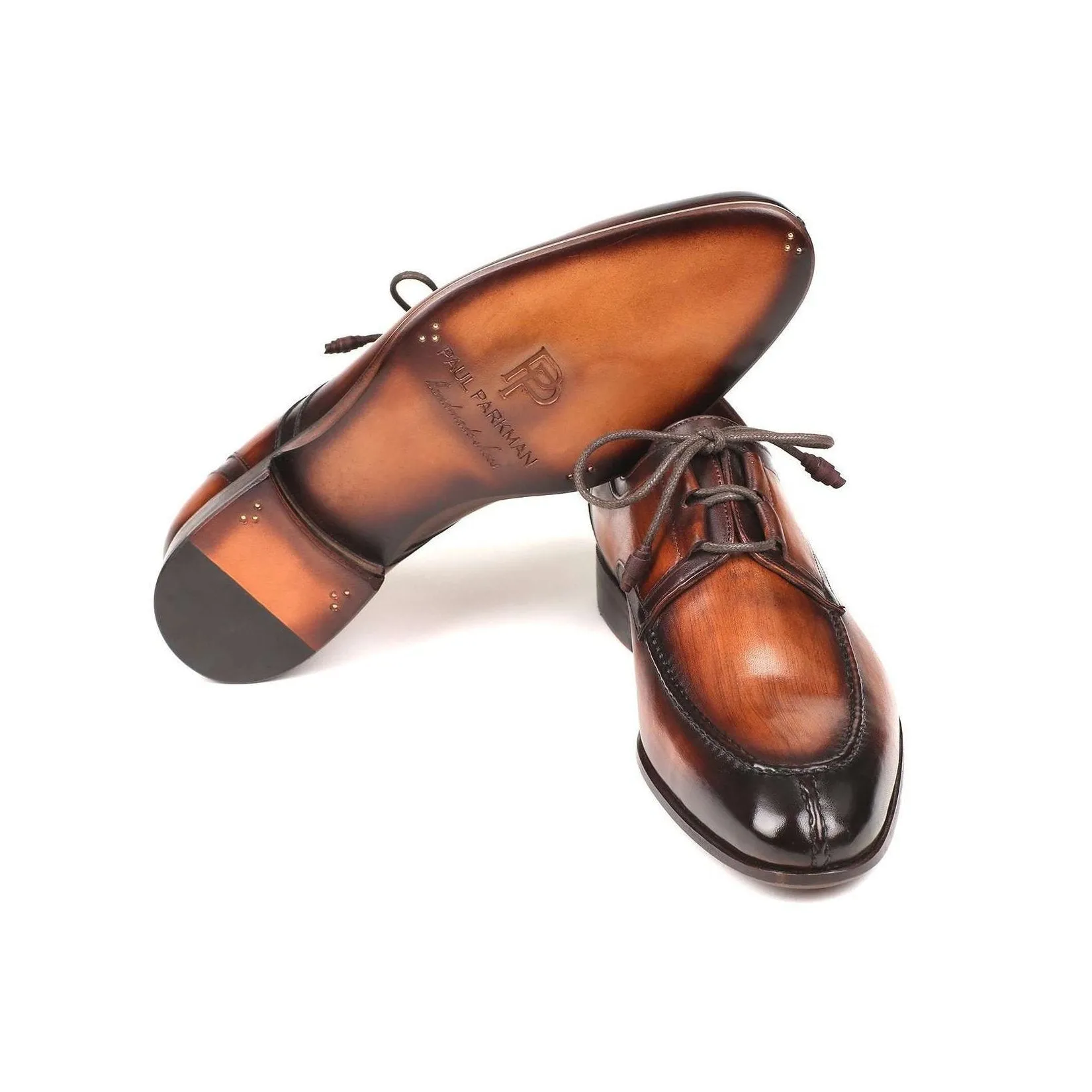 Paul Parkman Handmade Designer Shoes Ghillie Lacing Brown Burnished Dress Oxfords (PM5852)