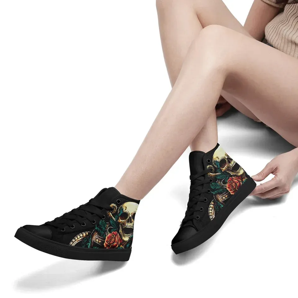 Personalized Skull Sneakers, Custom Gothic High Top Shoes, Stylish Walking Shoes
