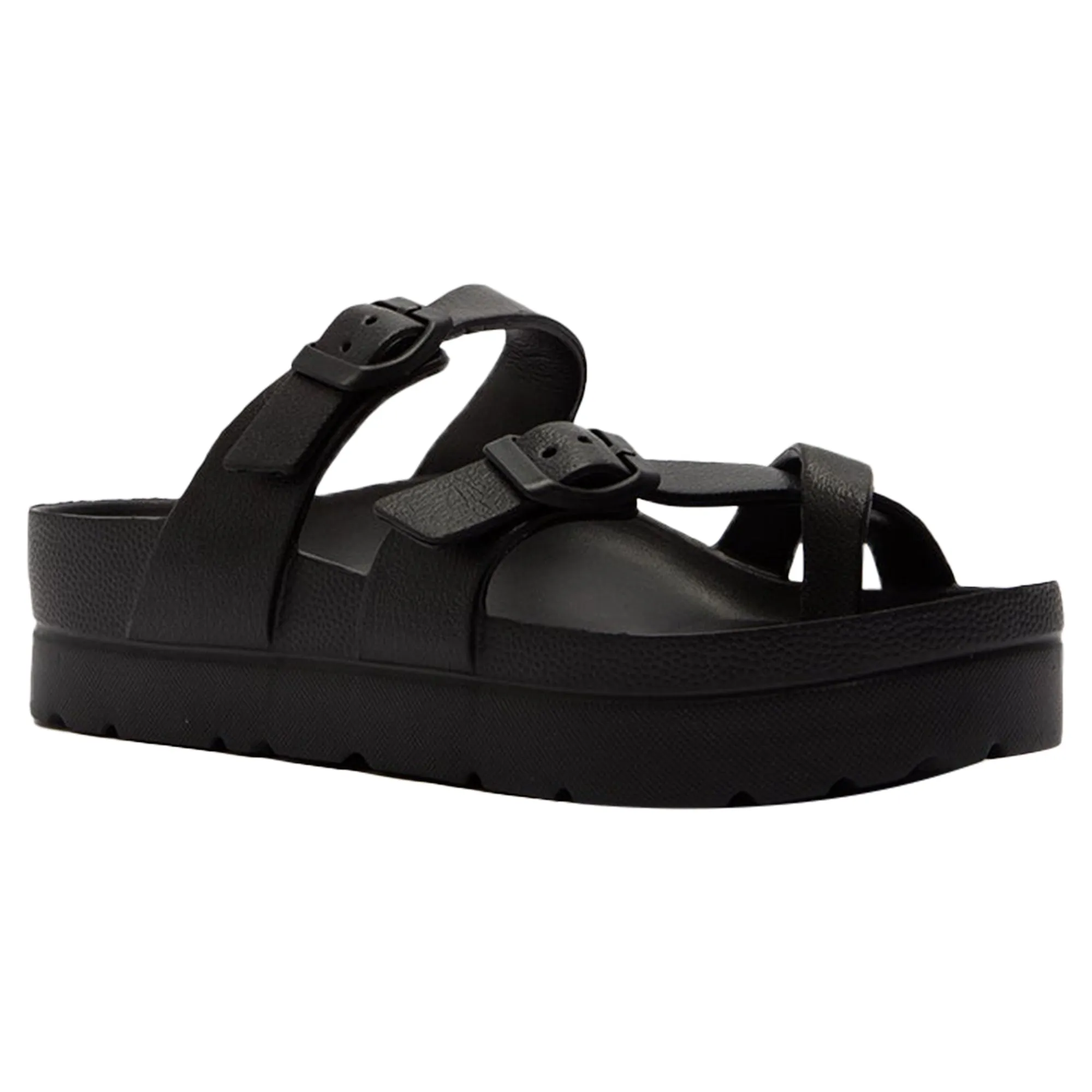 SOBEYO Women's Strappy Platform Sandals Ring Toe Double Buckles Black