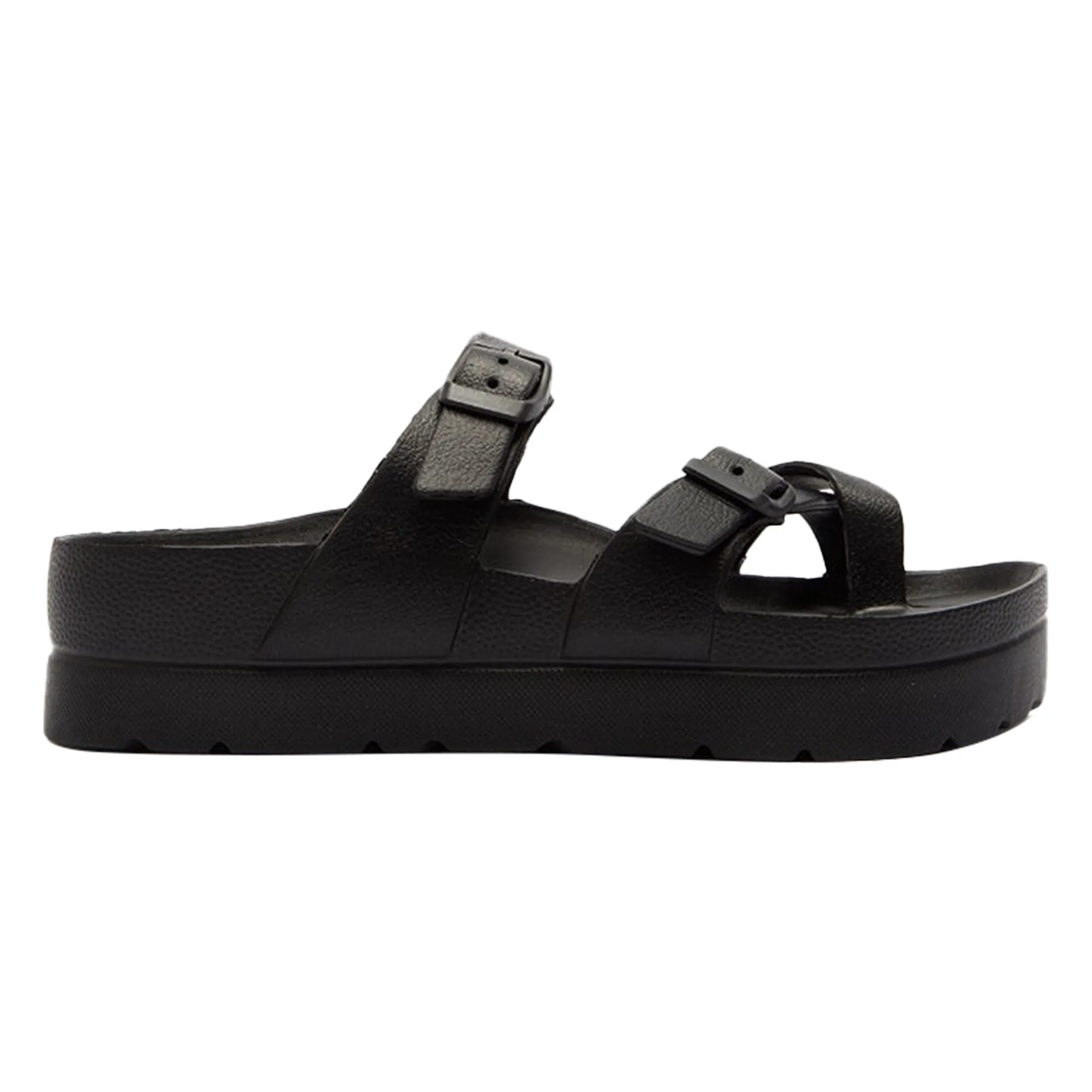 SOBEYO Women's Strappy Platform Sandals Ring Toe Double Buckles Black