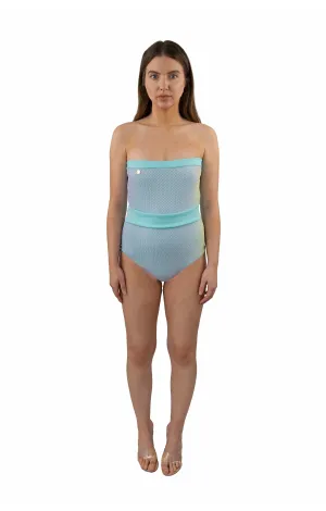 Strapless Light Blue Mesh Swimsuit Contrast Waistband One Piece