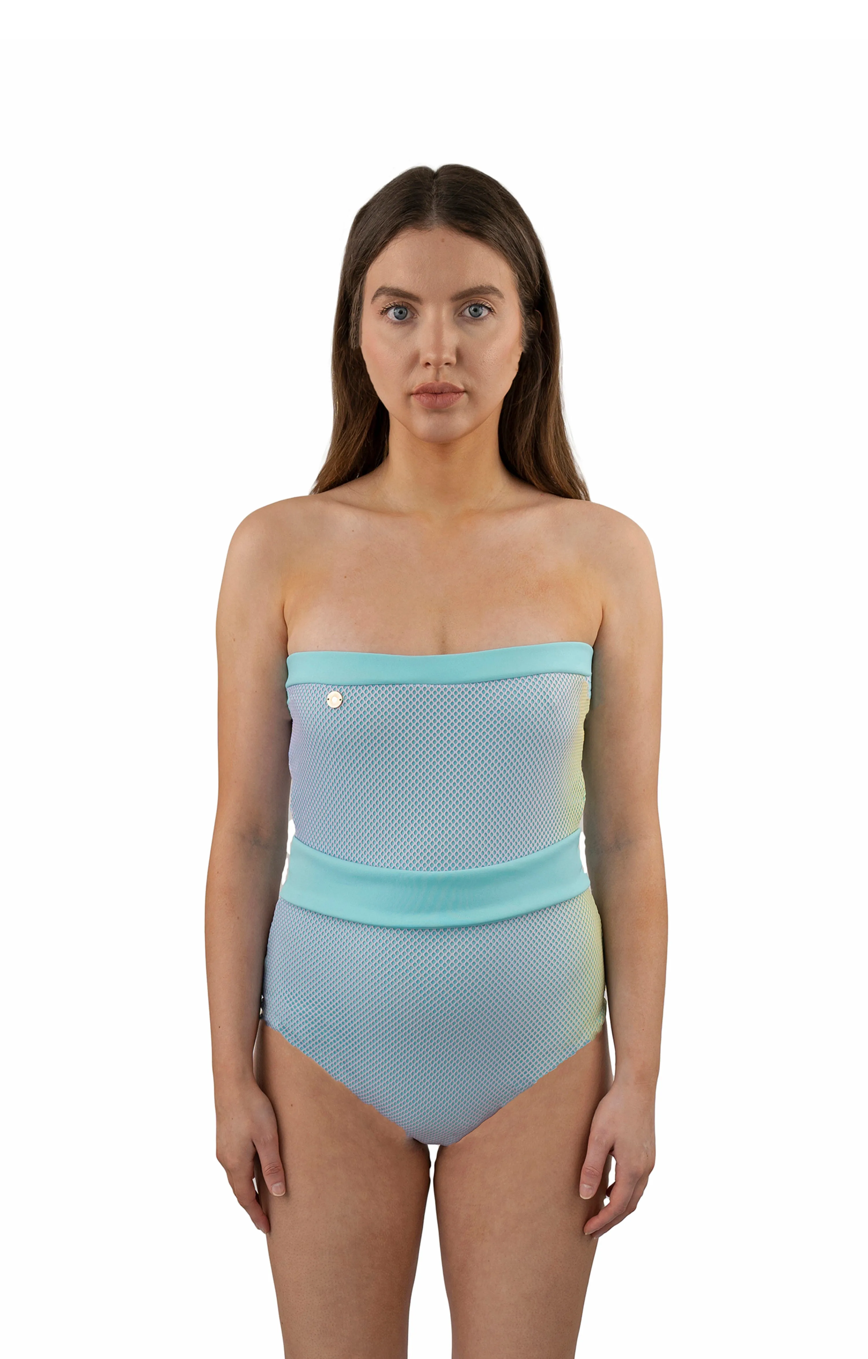 Strapless Light Blue Mesh Swimsuit Contrast Waistband One Piece