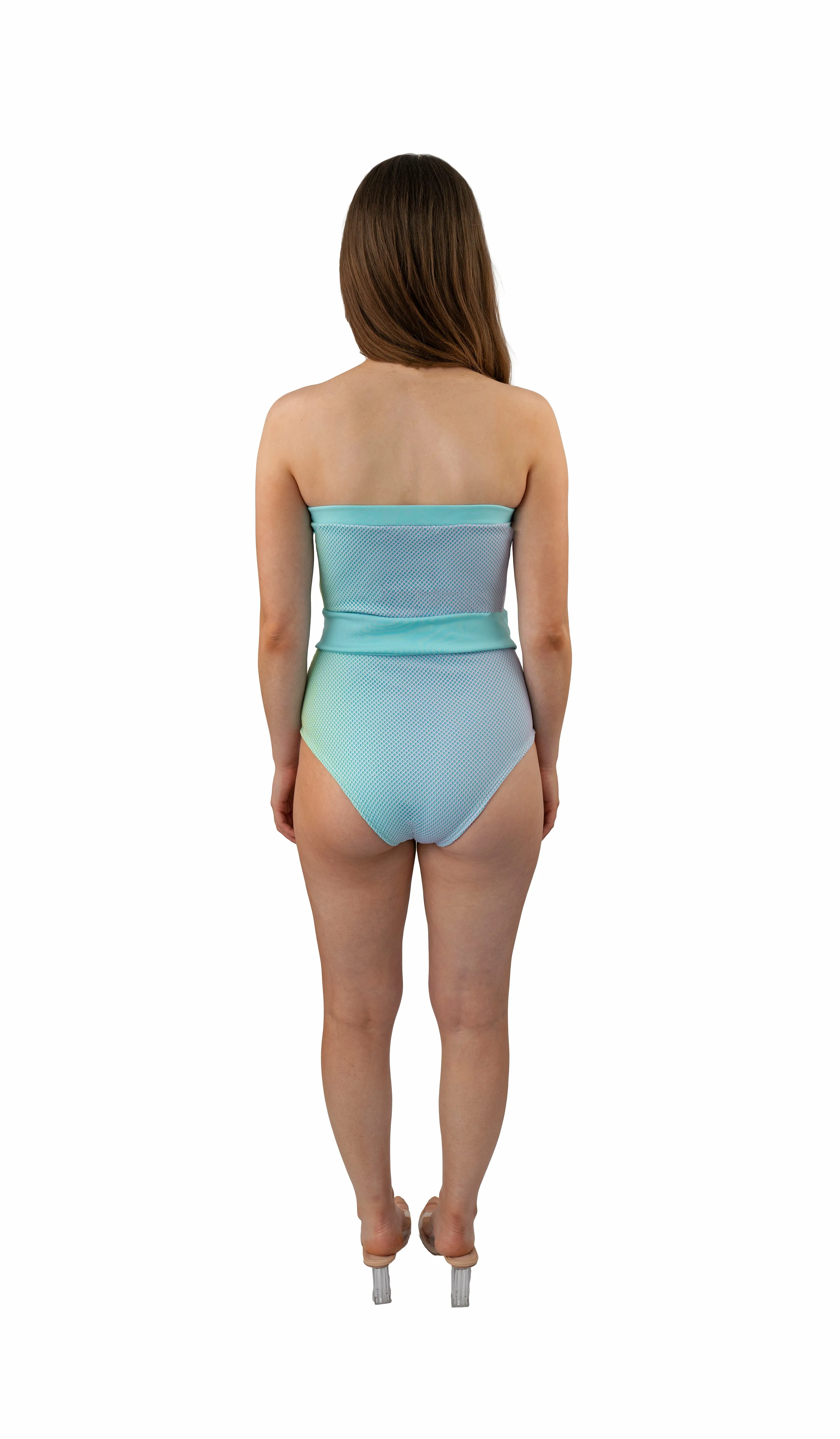 Strapless Light Blue Mesh Swimsuit Contrast Waistband One Piece