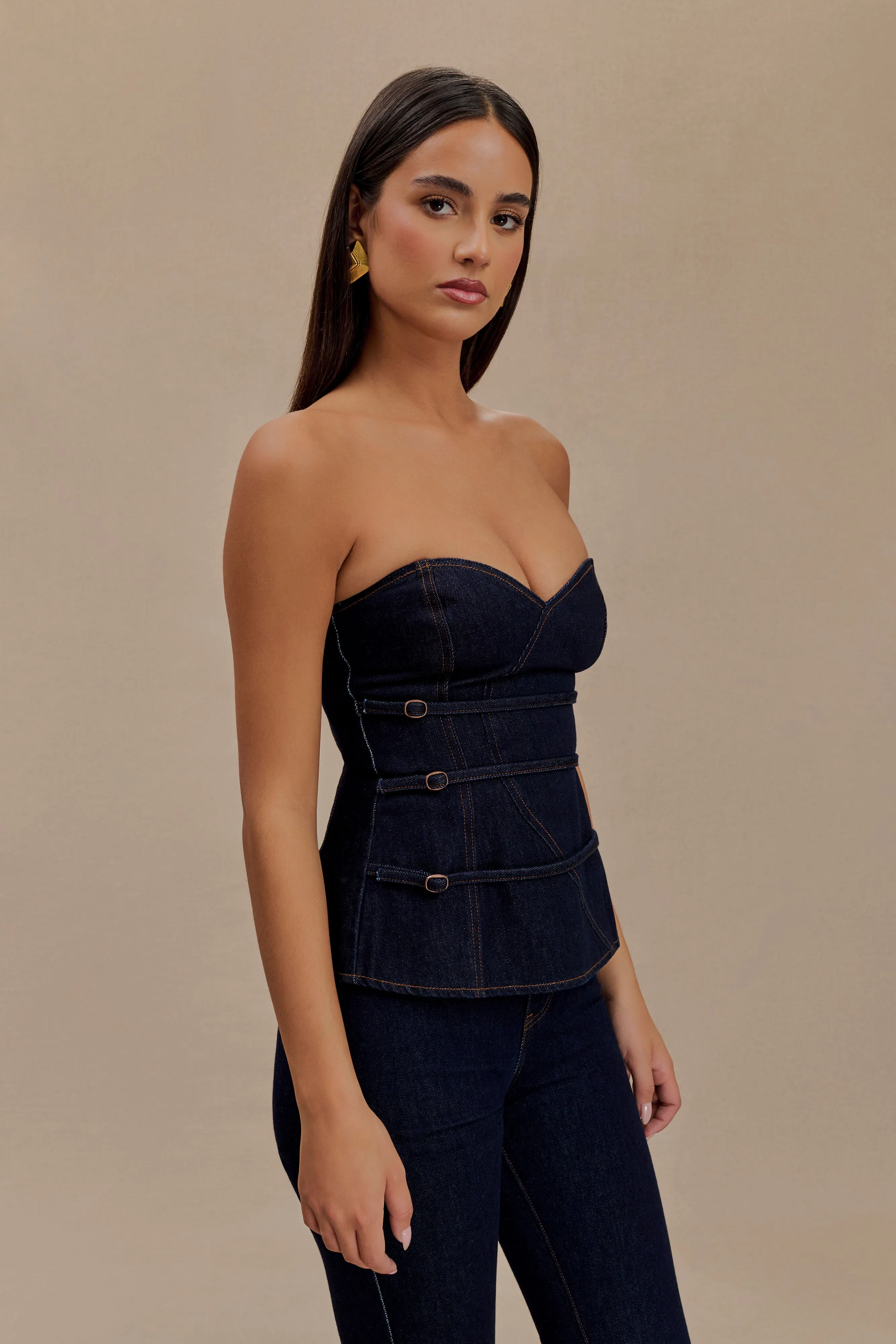 Sylas Strapless Buckle Denim Top - Indigo Blue