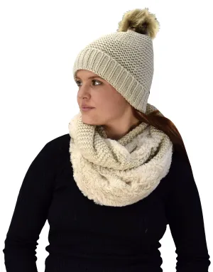 Tan 90 Peach Couture Thick Crochet Weave Beanie Hat Plush Infinity Loop Scarf 2 Pack