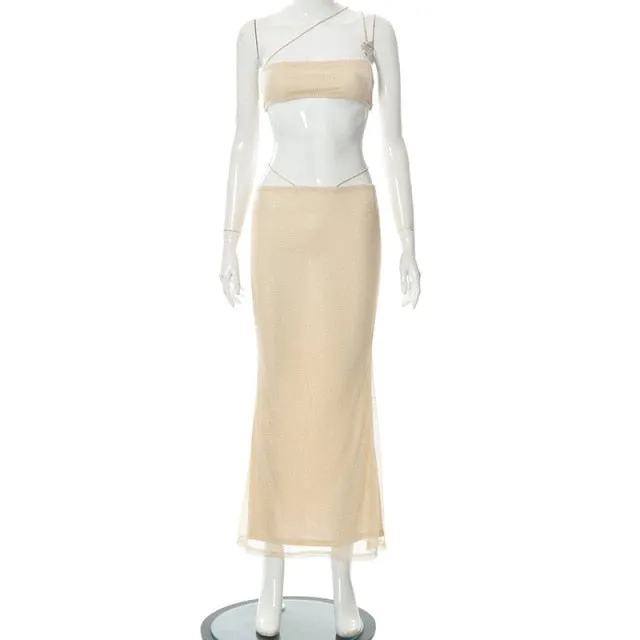 Vintage Summer Beach Mesh Two Piece Dresses Set