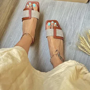 Women's Casual Square Toe Flat Color Block Beach Slippers 28860728S