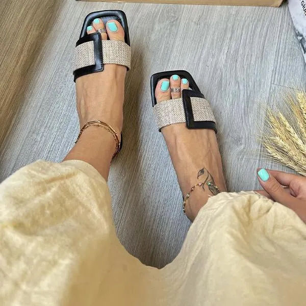 Women's Casual Square Toe Flat Color Block Beach Slippers 28860728S