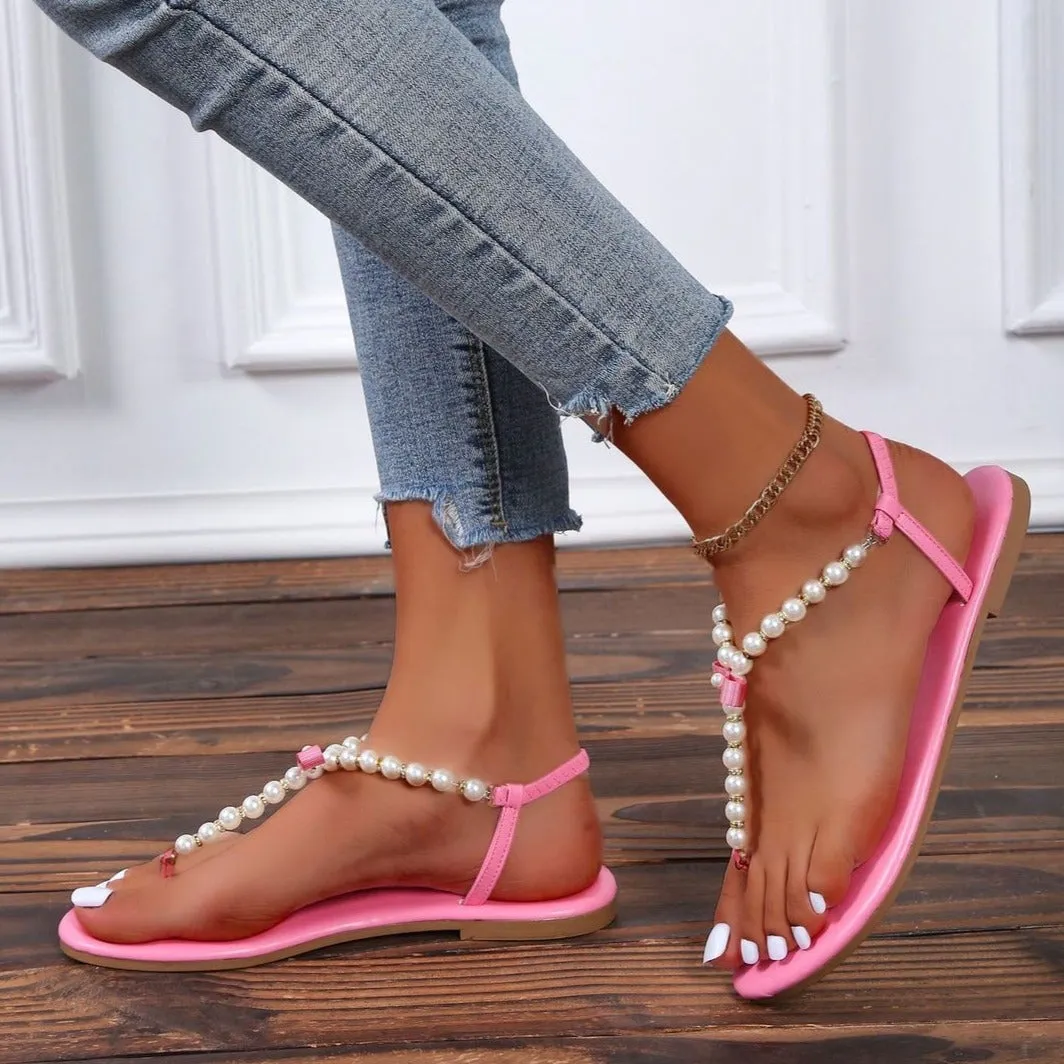 Women's cute pearls clip toe T-strap sandals | Summer beach flip flop sandals