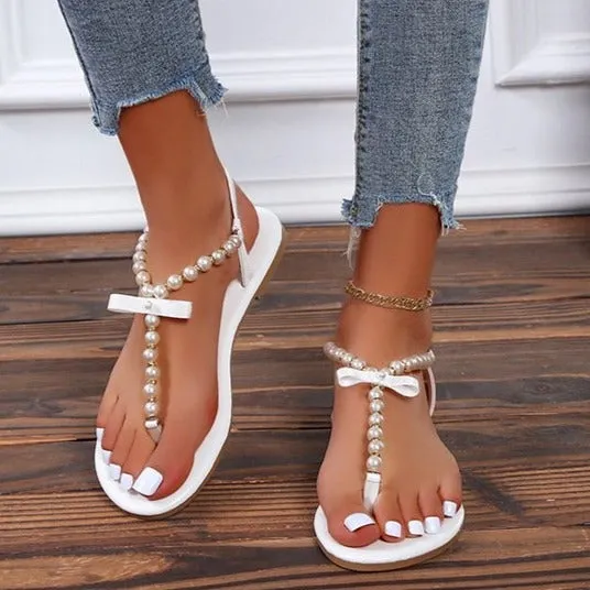 Women's cute pearls clip toe T-strap sandals | Summer beach flip flop sandals