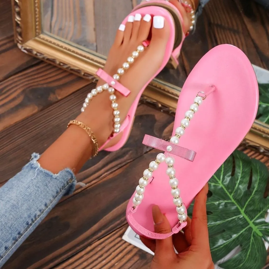 Women's cute pearls clip toe T-strap sandals | Summer beach flip flop sandals