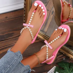 Women's cute pearls clip toe T-strap sandals | Summer beach flip flop sandals