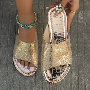 Women's metallic snakeskin patterned slides beach sandals
