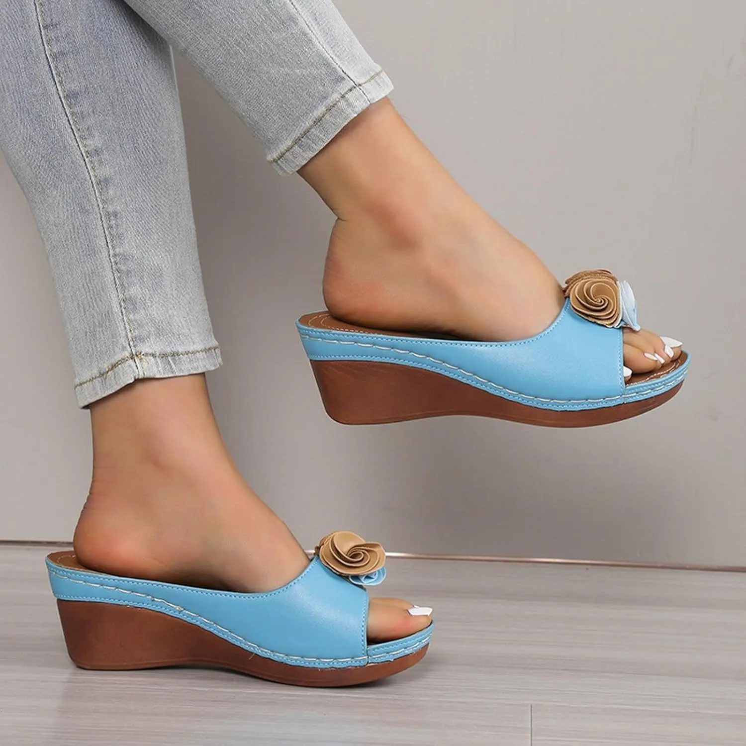 Womens Wedge Sandals Orthopedic Arch Support Slippers Fish Mouth Open Toe Mid Heel Platform Sandals Comfortable Vegan Leather Flower Sandal Dressy Casual Beach Slides