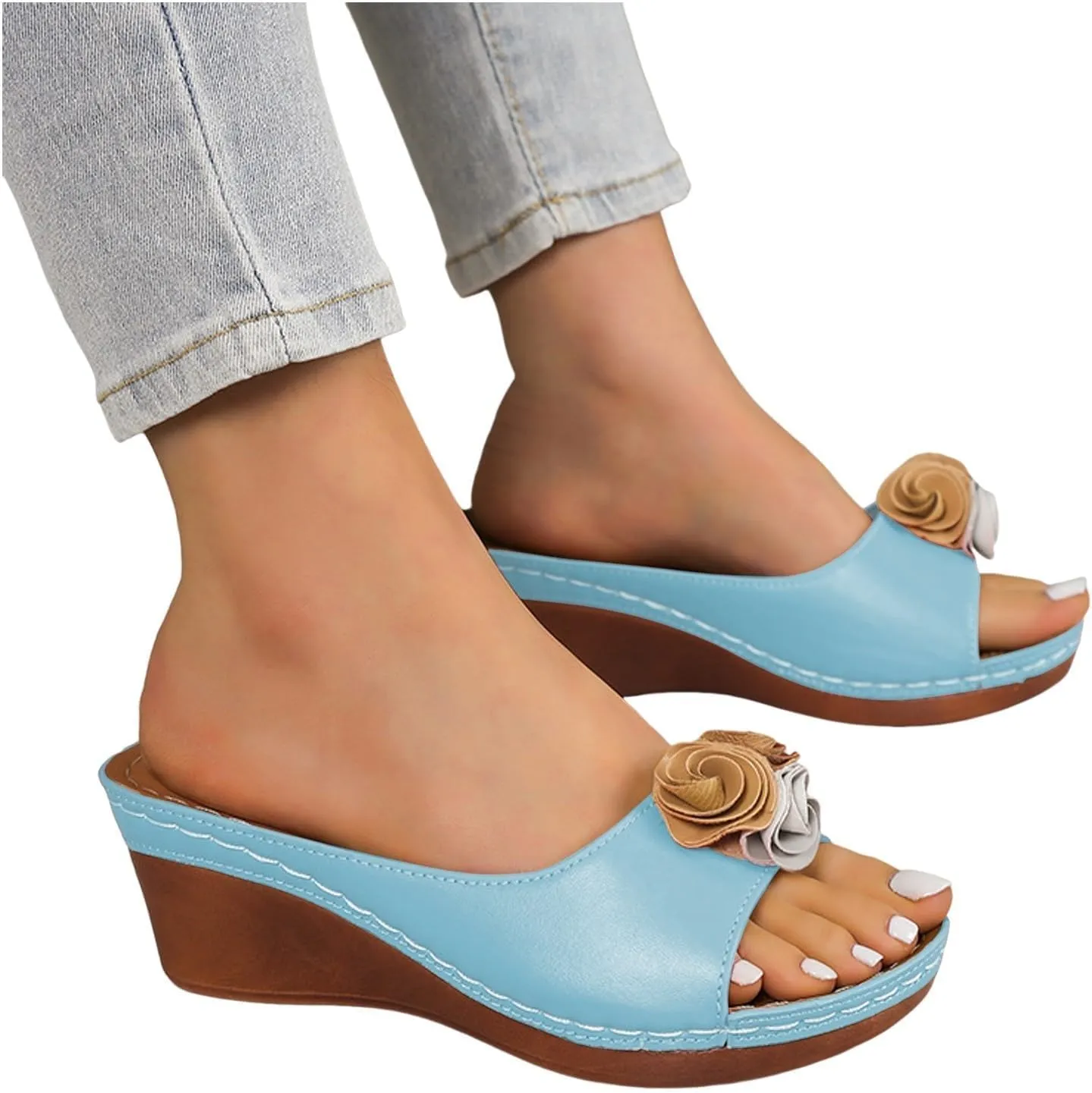 Womens Wedge Sandals Orthopedic Arch Support Slippers Fish Mouth Open Toe Mid Heel Platform Sandals Comfortable Vegan Leather Flower Sandal Dressy Casual Beach Slides