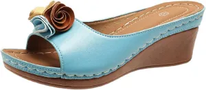 Womens Wedge Sandals Orthopedic Arch Support Slippers Fish Mouth Open Toe Mid Heel Platform Sandals Comfortable Vegan Leather Flower Sandal Dressy Casual Beach Slides